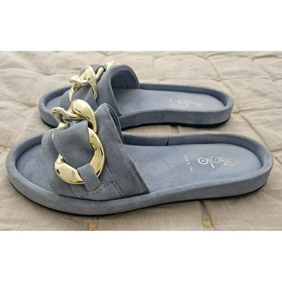 Golo Trieste Suede Slide in Celeste Blue with Gold Chain Link Accent Size 7